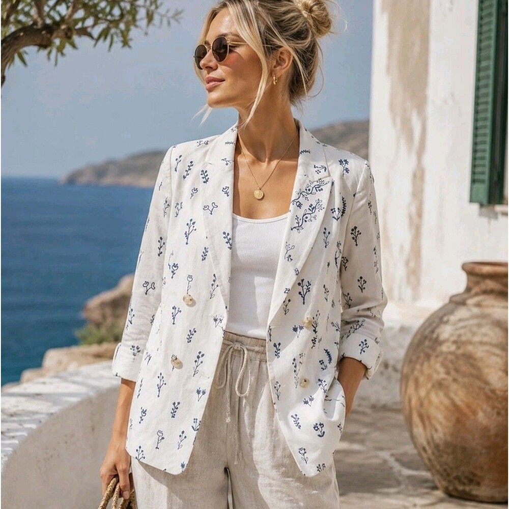Something Navy Floral Embroidered Linen Blend Blazer Womens L Light Blue Coastal
